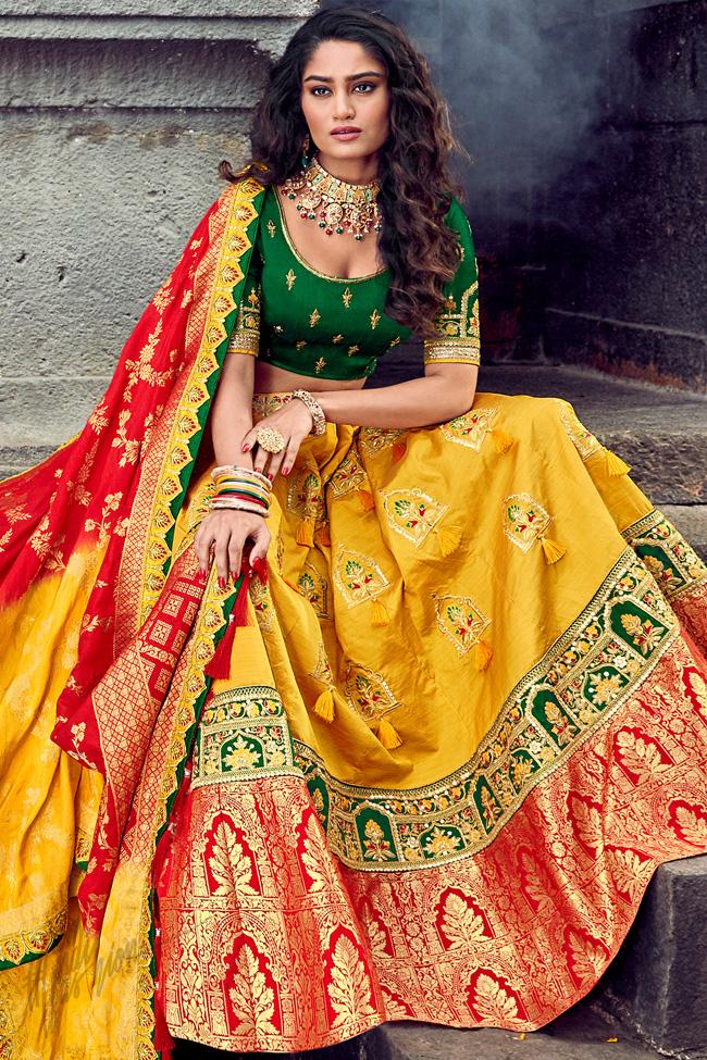 red and yellow bridal lehenga