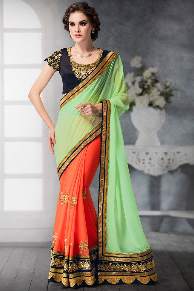 Indi Fashion Orange Pastel Green and Blue Georgette and Dhupian Silk Embroidered Saree