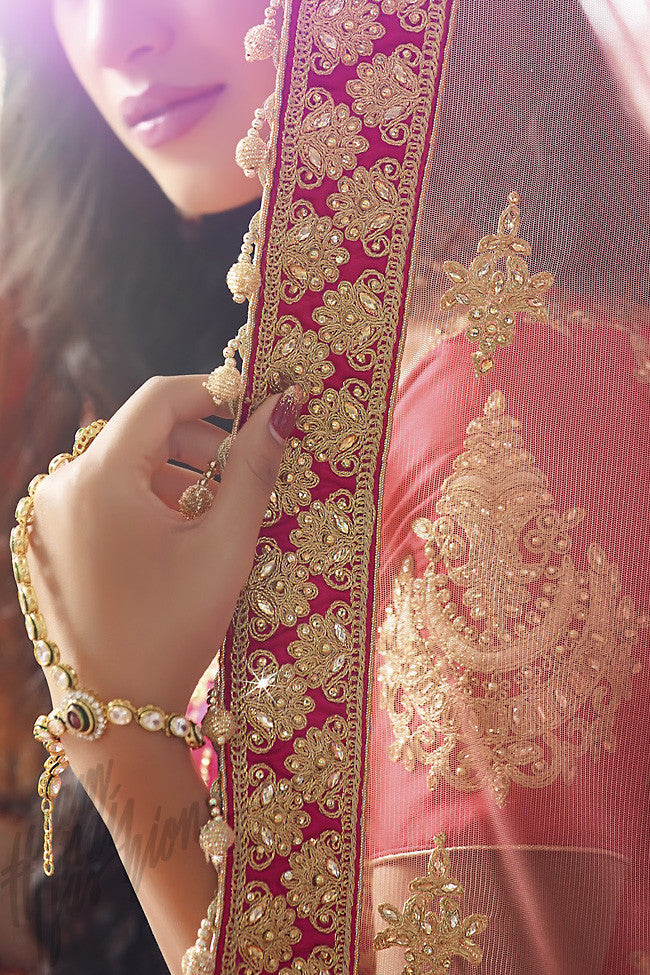 Indi Fashion Magenta and Pink Shaded Satin Silk Wedding lehenga Set