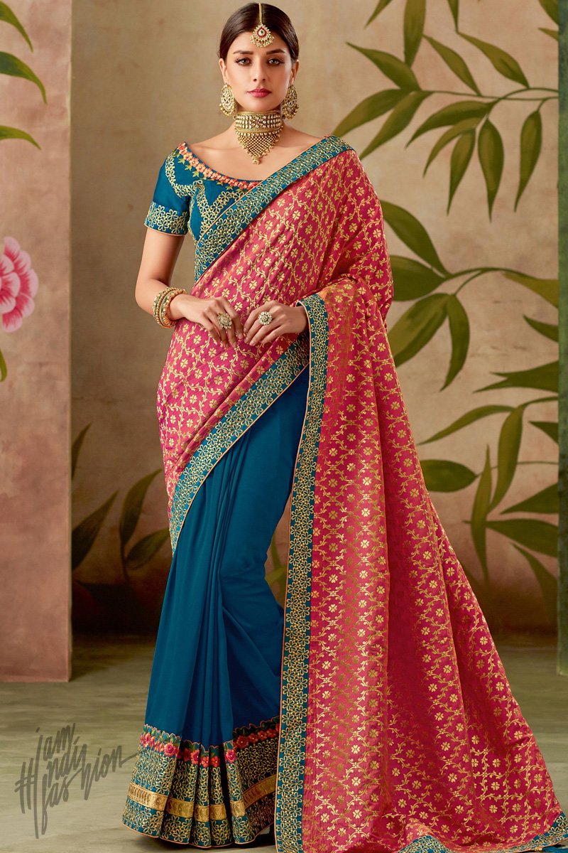 Buy Pink And Blue Half And Half Silk Saree Online At Indi Fashion