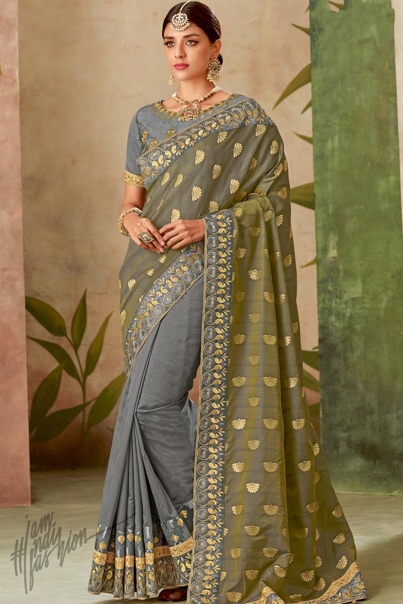 Buy Gray And Olive Half And Half Silk Saree Online At Indi Fashion