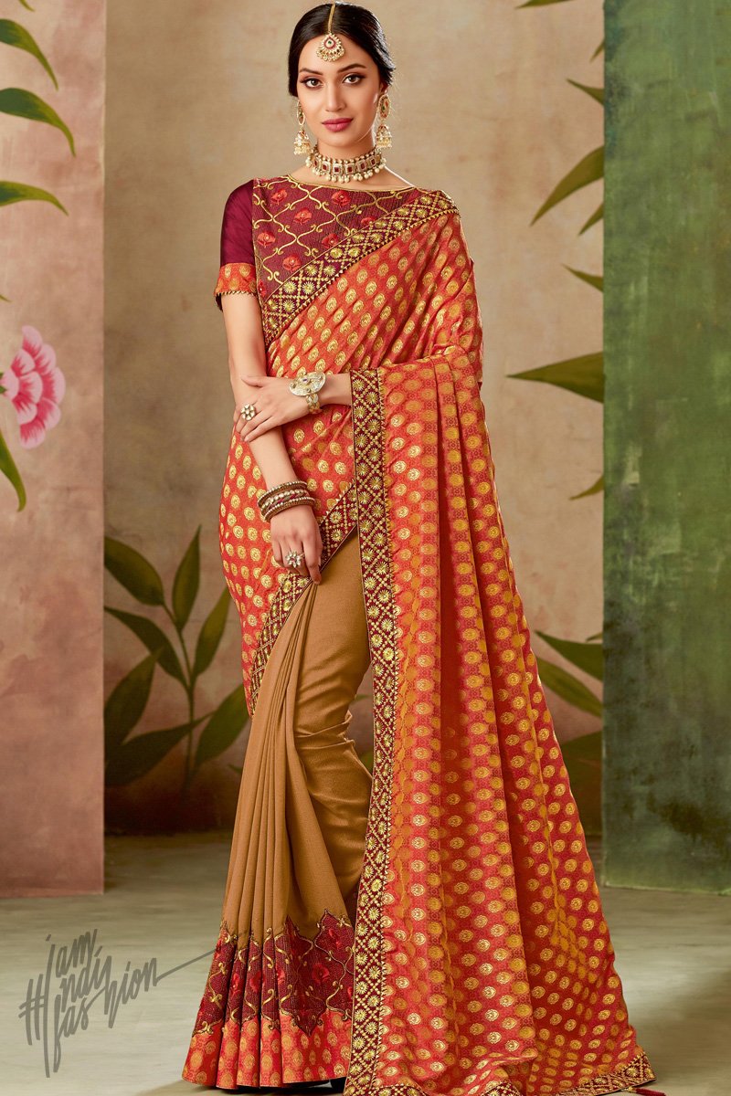 Buy Red Beige And Wine Half And Half Silk Saree Online At Indi Fashion