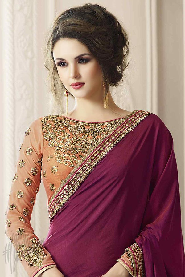 Indi Fashion Purple and Peach Silk Party Wear Saree