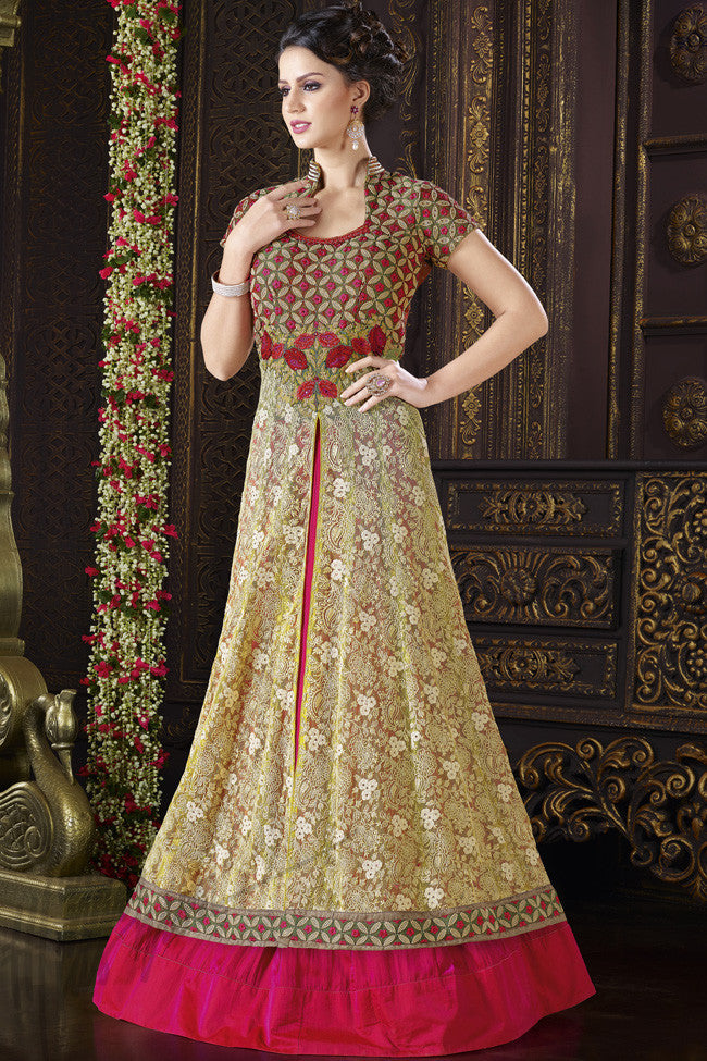 Indi Fashion Red and Beige Net Floor Length Suit