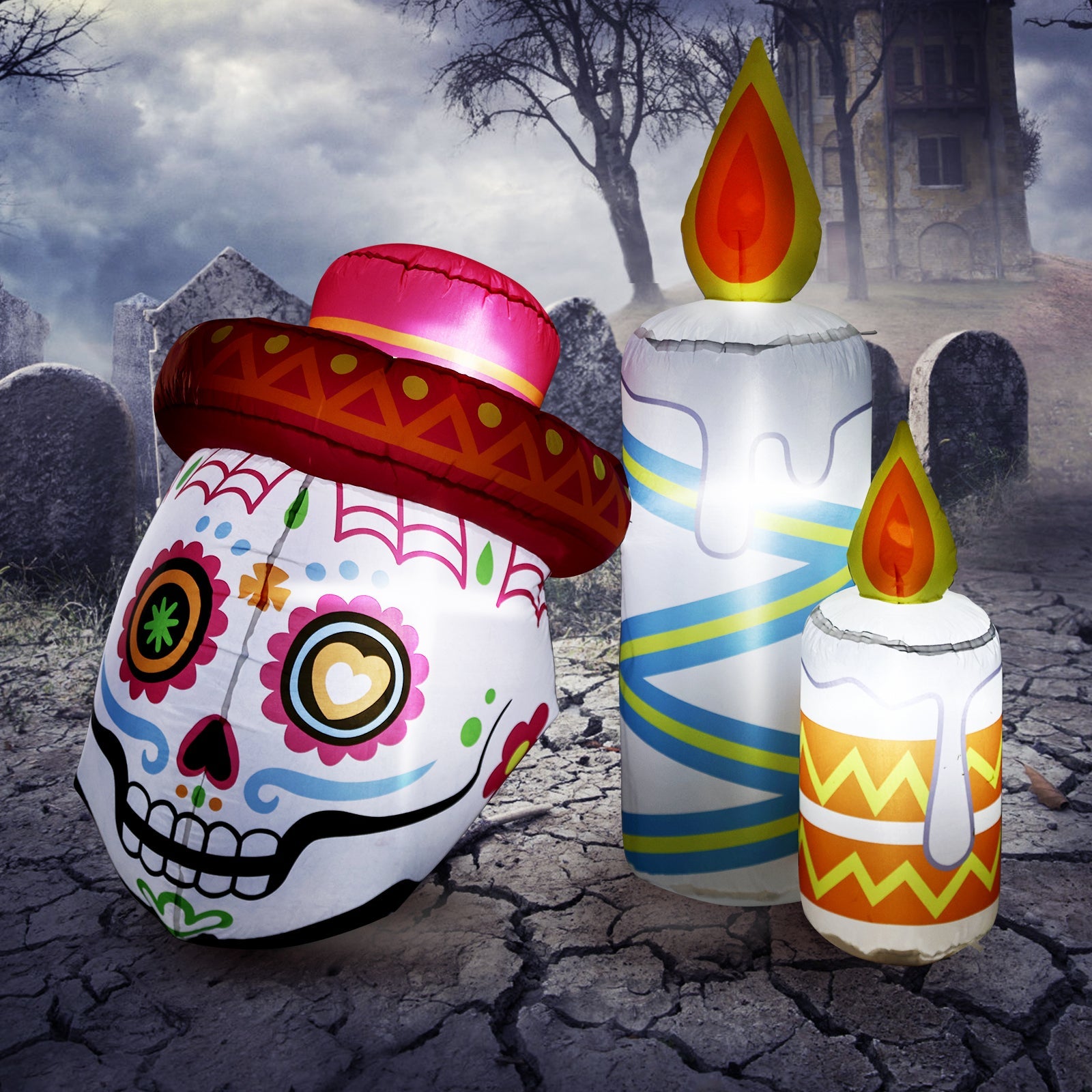 4 Ft Day of the Dead Inflatable Skull with Candles