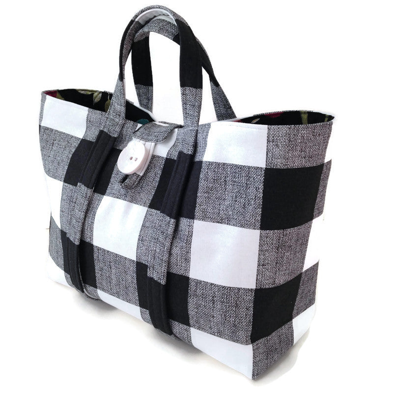 The Large Knitting Bag Black & White Buffalo Plaid Buttermilk Cottage