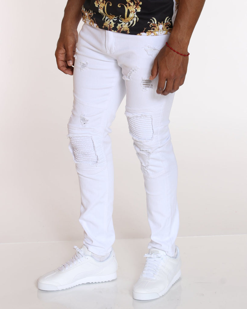 Men's Ripped & Moto Patch Jean - White - VIM