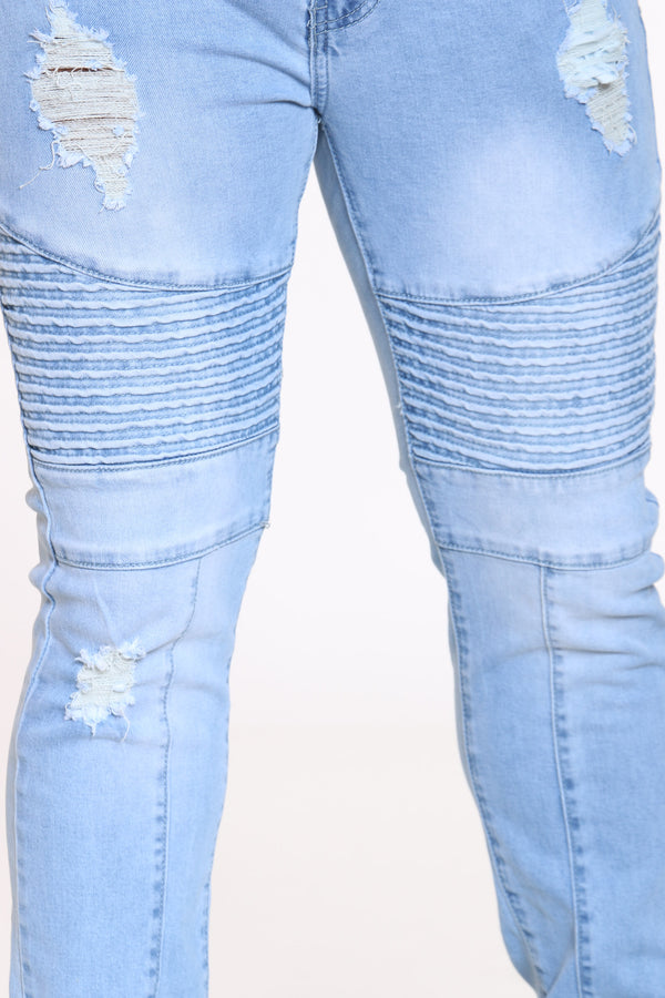 light blue moto jeans