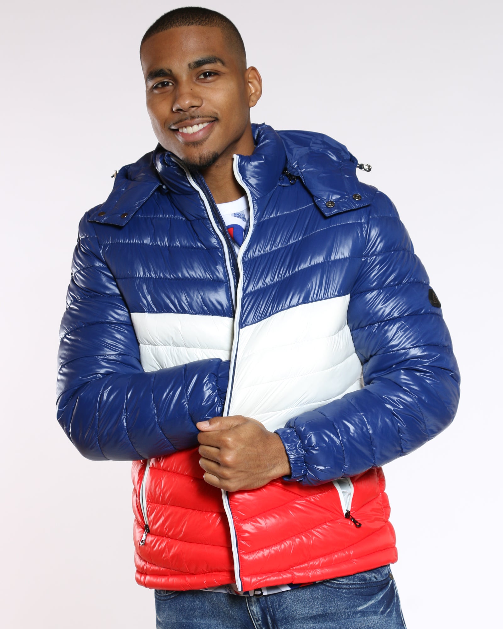 Men's Color Block Bubble Jacket - Navy White Red | VIM – VIM Stores