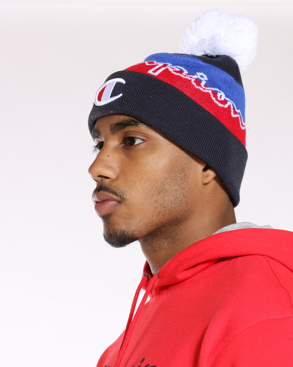 Color Block Pom Beanie Hat - Navy Red 