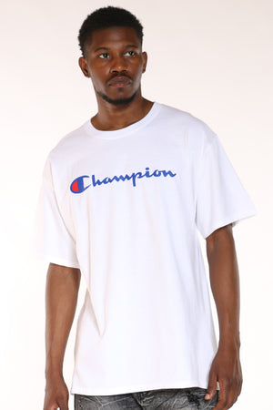 champion white script tee