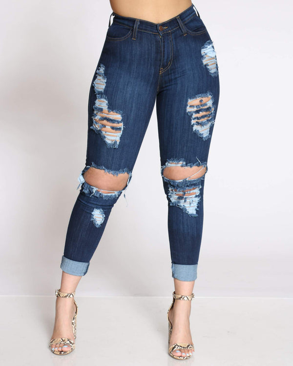 dark blue high waisted ripped jeans