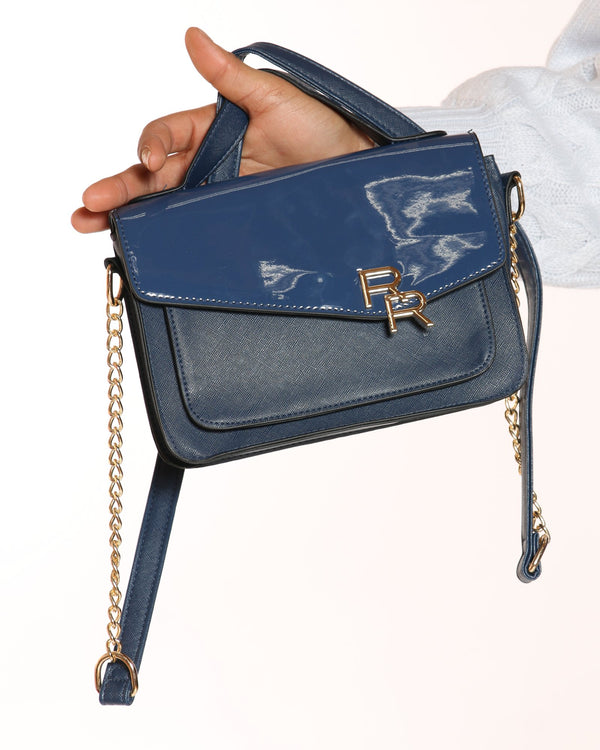 blue patent bag