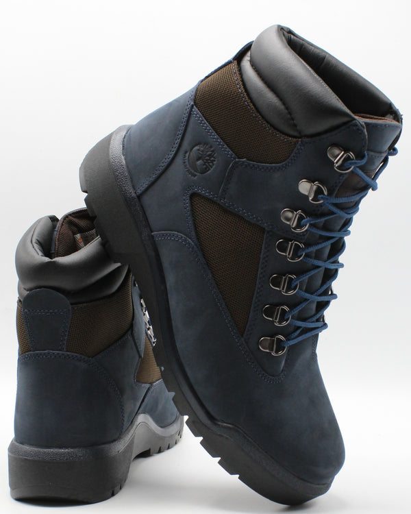 navy blue and red timberland field boots