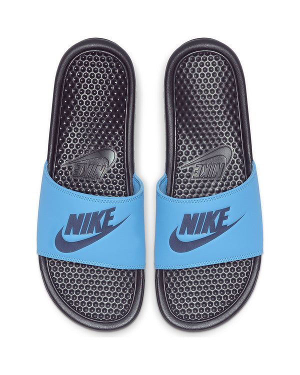 black and blue nike slides