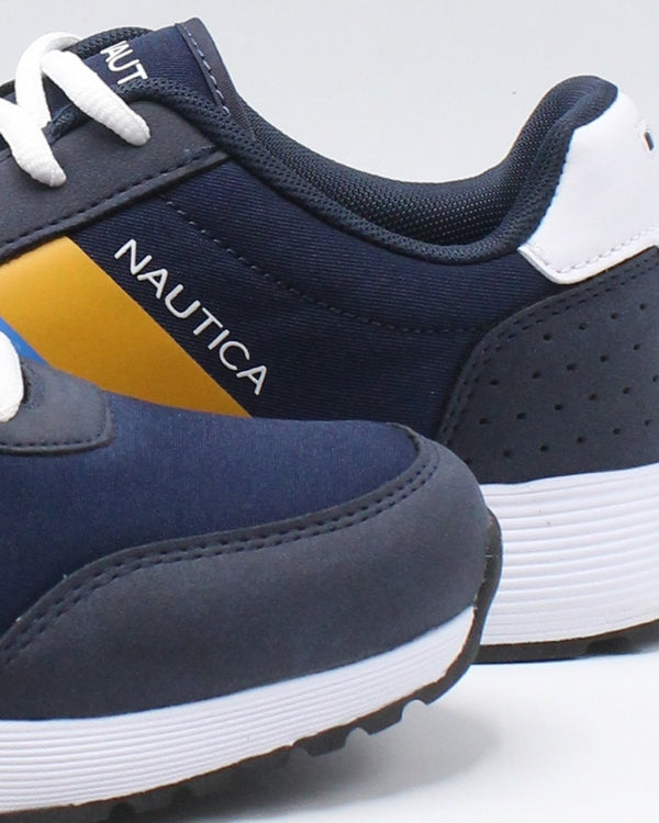 navy blue and yellow sneakers