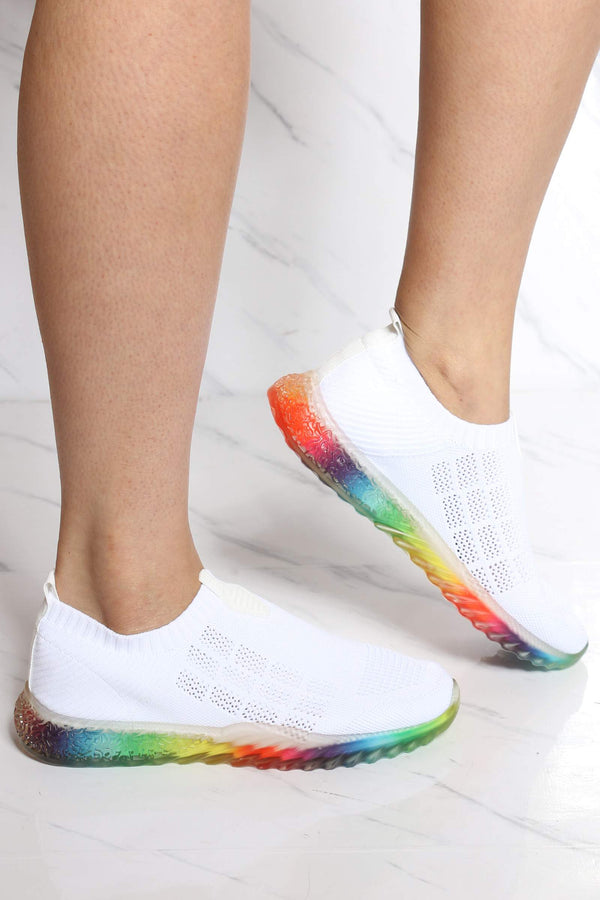 white shoes with rainbow bottom