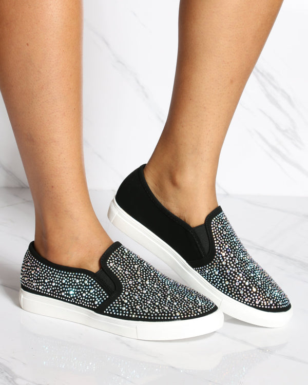 black rhinestone slip on sneakers