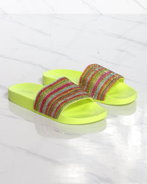 neon green rhinestone slides