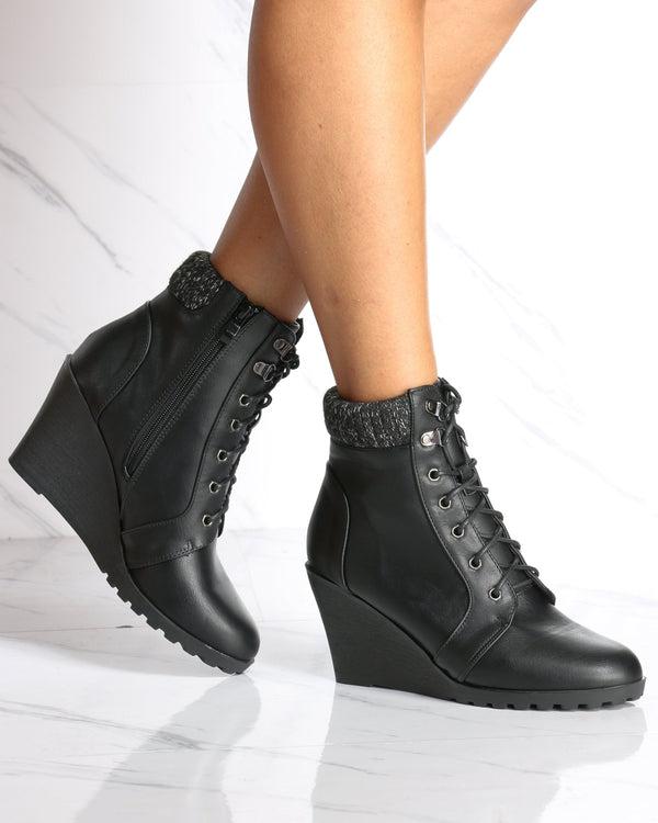 black lace up wedge booties