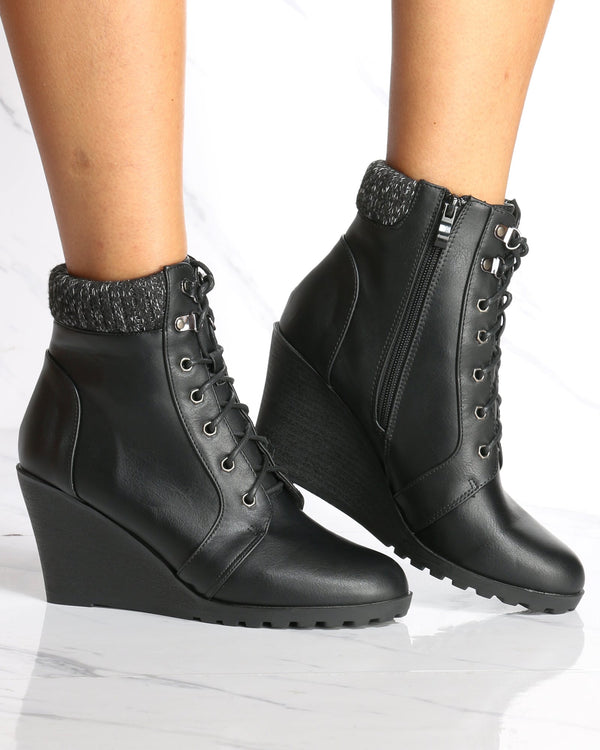 lace up black wedge booties