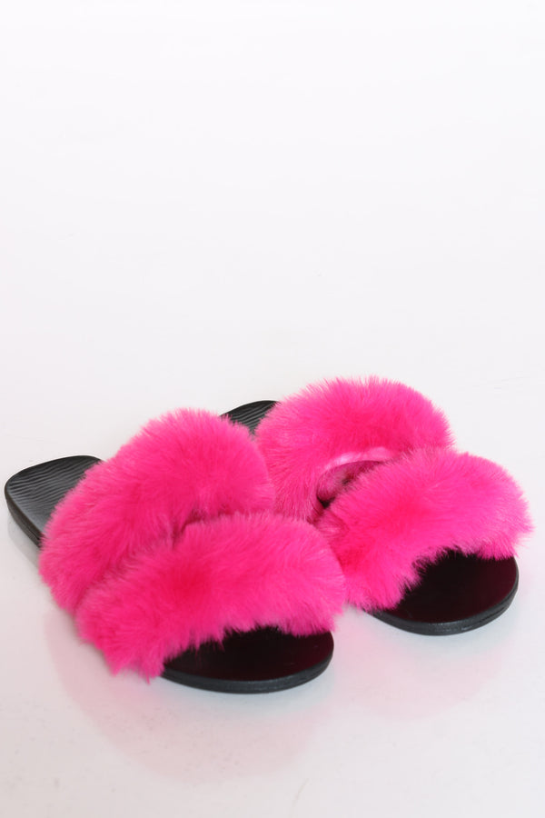 pink faux fur slides