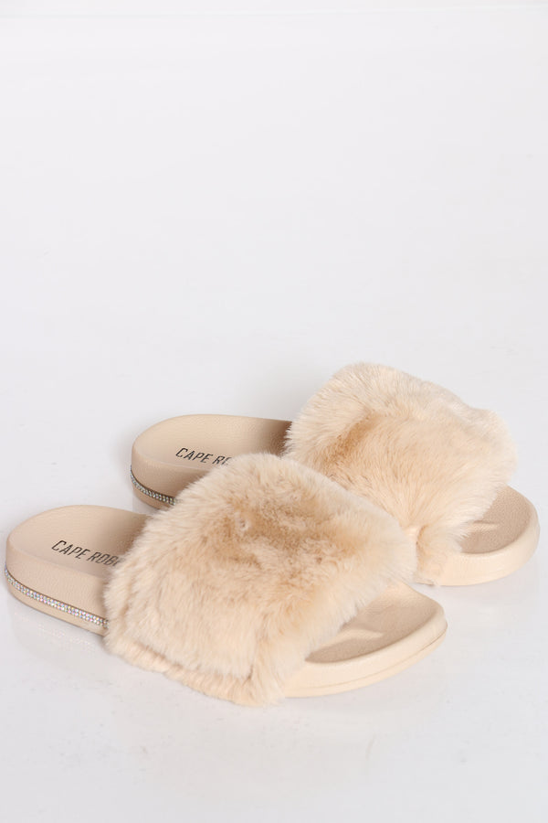 womens faux fur slides