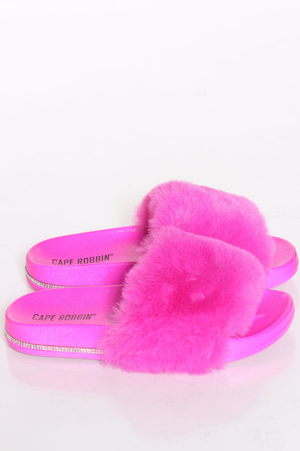 pink faux fur slides