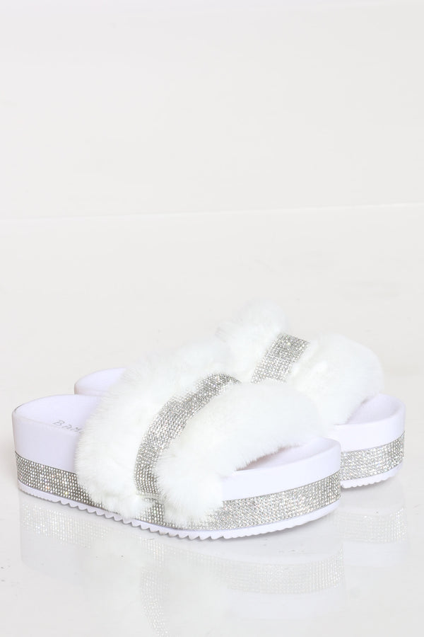 white faux fur sandals