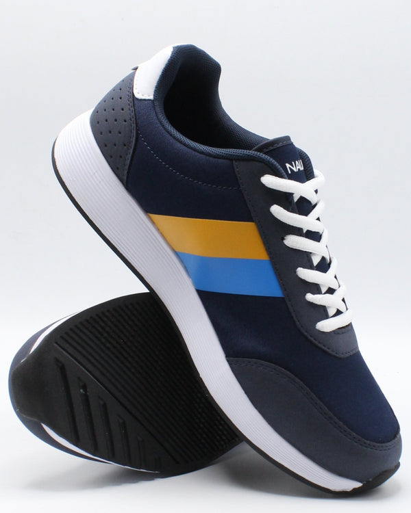 navy and yellow sneakers