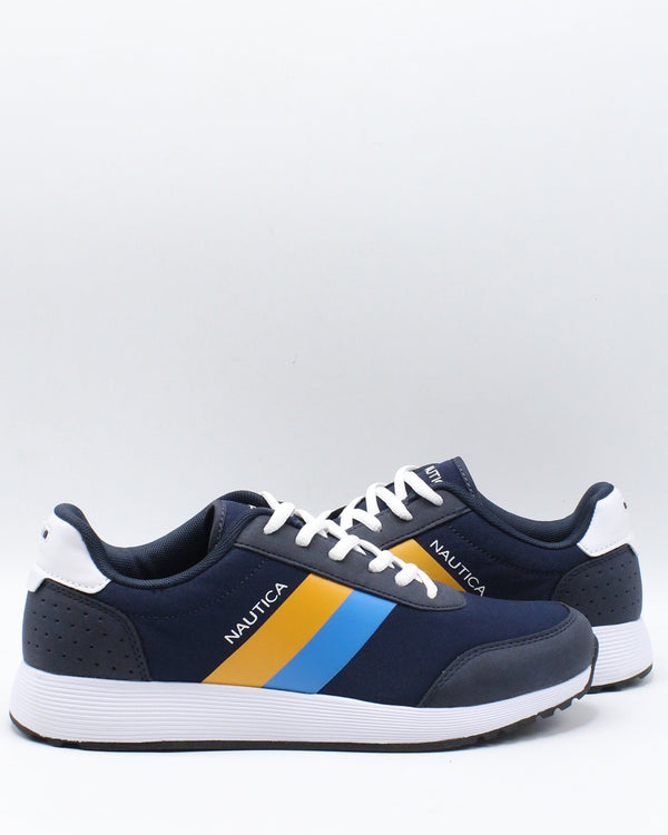 navy blue and yellow sneakers