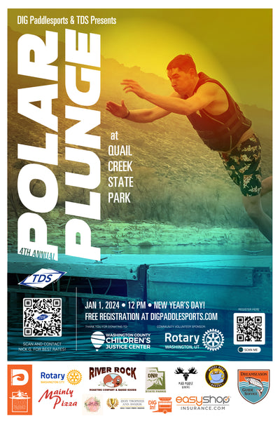 Dig Paddlesports' 2024 Polar Plunge at Quail Creek State Park on New Year's Day, January 1 at the Main Boat Ramp and Docks