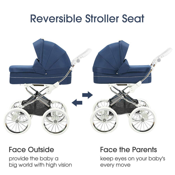 Stroller Bassinet Carriage Combo, 2-in-1 Baby Strollers Newborn to Toddler Shock-Resistant Foldable Pram Carriage with 5-Point Harness, Including Bassinet Cover, Foot Cover, Diaper Bag