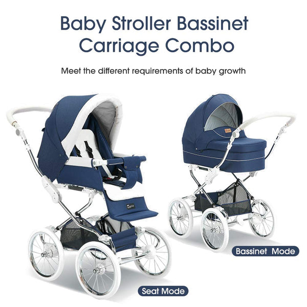 Stroller Bassinet Carriage Combo, 2-in-1 Baby Strollers Newborn to Toddler Shock-Resistant Foldable Pram Carriage with 5-Point Harness, Including Bassinet Cover, Foot Cover, Diaper Bag
