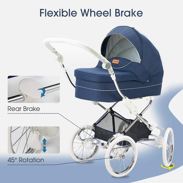 Stroller Bassinet Carriage Combo, 2-in-1 Baby Strollers Newborn to Toddler Shock-Resistant Foldable Pram Carriage with 5-Point Harness, Including Bassinet Cover, Foot Cover, Diaper Bag