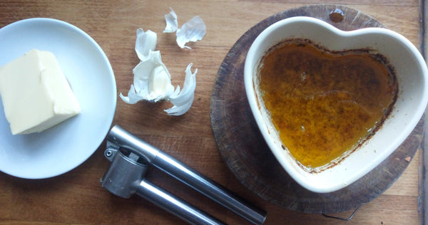 Garlic butter recipe image fro blog Nicholas Mosse Pottery handcrafted spongeware