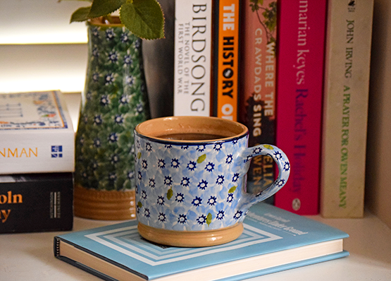 Nicholas Mosse Large Mug in Light Blue Lawn on Alice in Wonderland Book with a collection of books in the background.