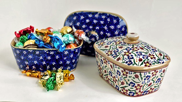 Nicholas Mosse Covered Butter Dish filled with sweets Dark Blue Lawn and Wildflower Meadow patterns