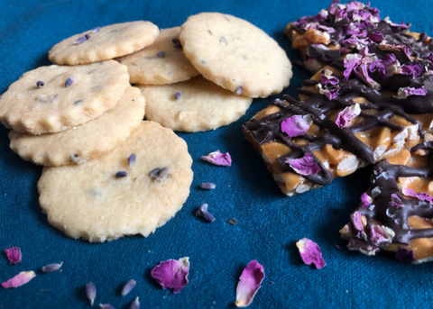 Lavender Shortbread biscuits and peanut brittle with rose petals