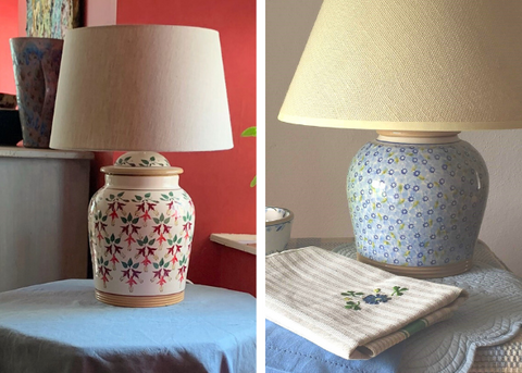 Nicholas Mosse pottery lamps fuchsia and lawn light blue patterns