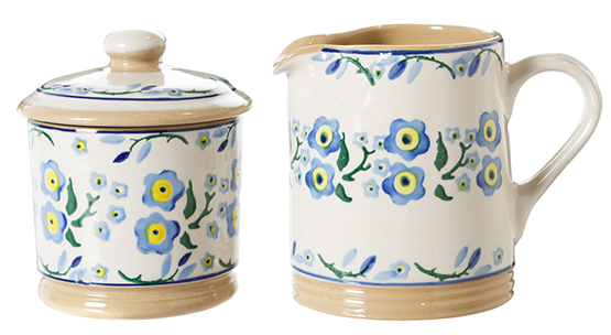 Nicholas Mosse Pottery handcrafted lidded sugar bowl and small cylinder jug in Forget Me Not pattern. Made in Ireland