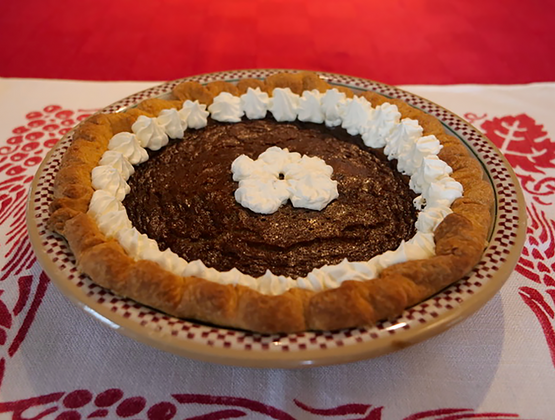 Maple Syrup Pie recipe basked in Nicholas Mosse Pottery Classic Pie Dish in Apple Pattern