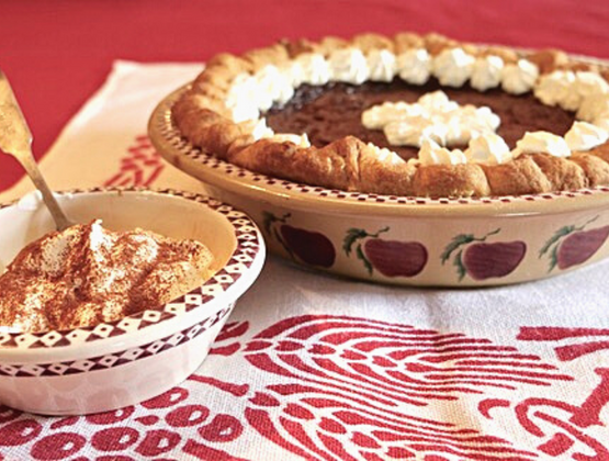 Maple Syrup Pie recipe in Classic Pie Dish in Apple Pattern and spiced cream in Nicholas Mosse Pottery Chef Set bowl