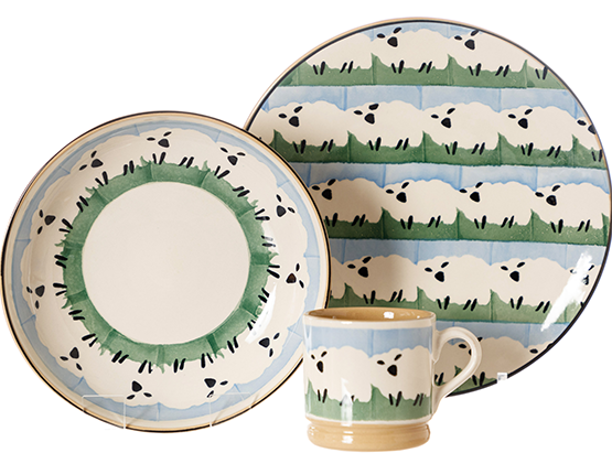 Nicholas Mosse Handcrafted Irish Pottery Sheepies pattern on mug, bowl and plate