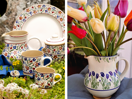 Nicholas Mosse pottery wild flower meadow pattern collection and blue bloom jug filled with tulips