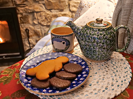 Green Lawn teapot, Dark Blue lawn everyday plate with biscuits, Large Mug Sheep. Handcrafted Irish Pottery by Nicholas Mosse