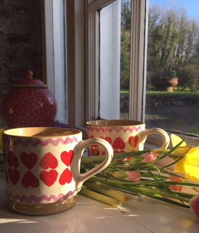 Valentine Mug 2018 and Lawn Red Cookie Jar Nicholas Mosse pottery handcrafted spongeware
