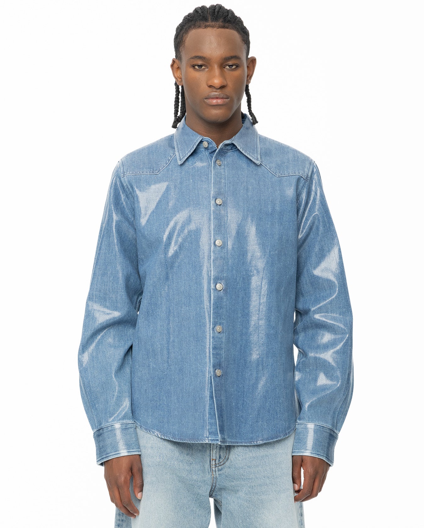 MM6 Maison Margiela Blue Coated Denim Shirt MM6 Maison Margiela