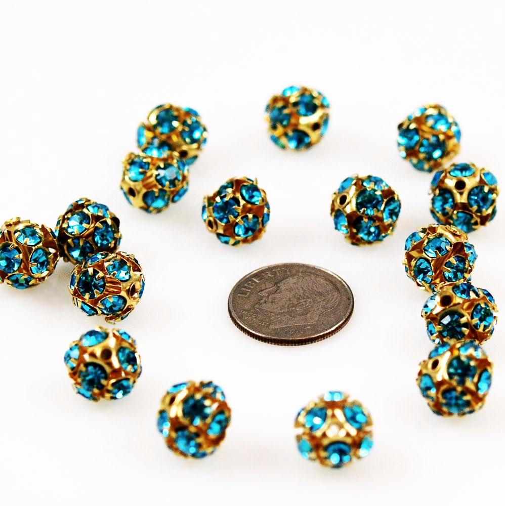 Swarovski 10mm Aquamarine Rhinestone Crystal Balls Gold Plated - 6 bea ...