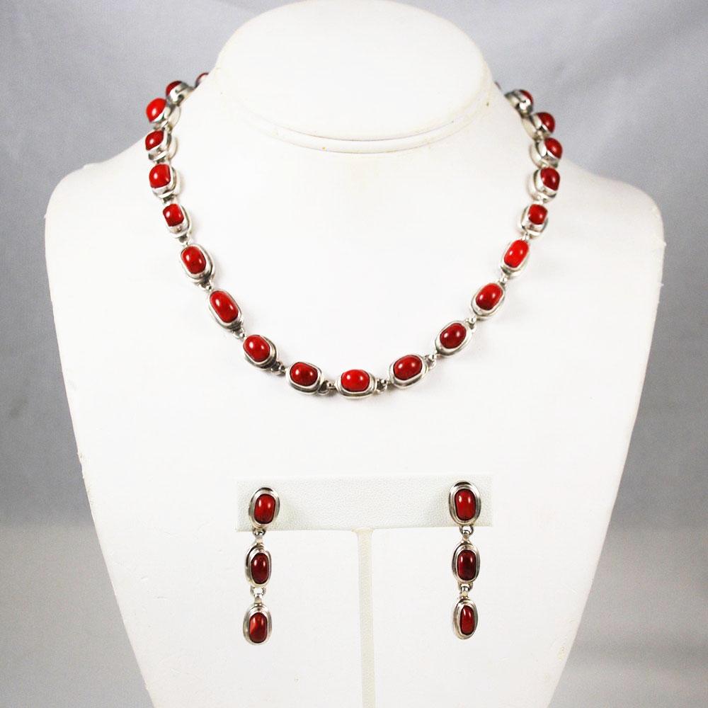 red coral necklace and earrings